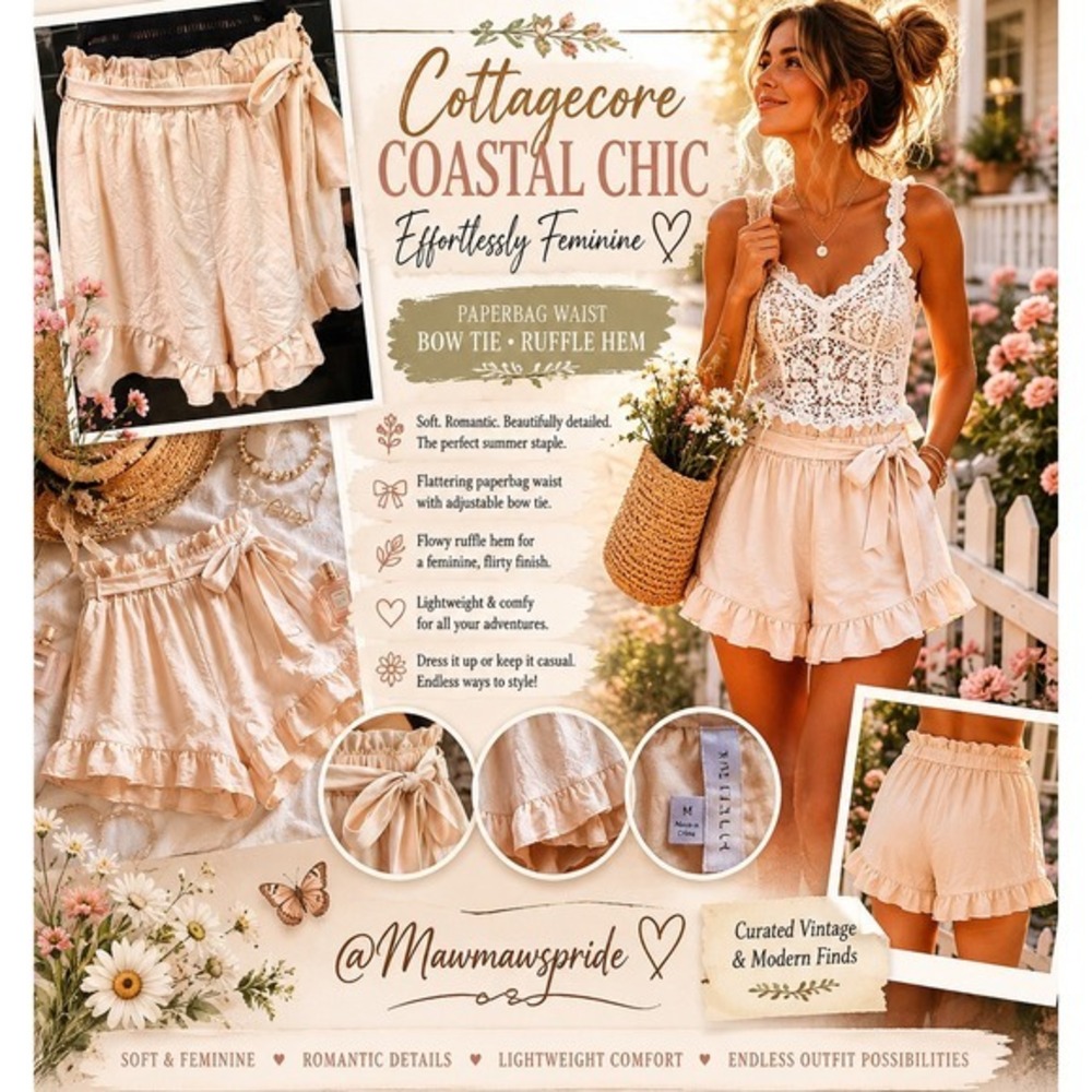 Favlux Cream Paperbag Waist Ruffle Hem Shorts Cottagecore Coastal Chic Medium
